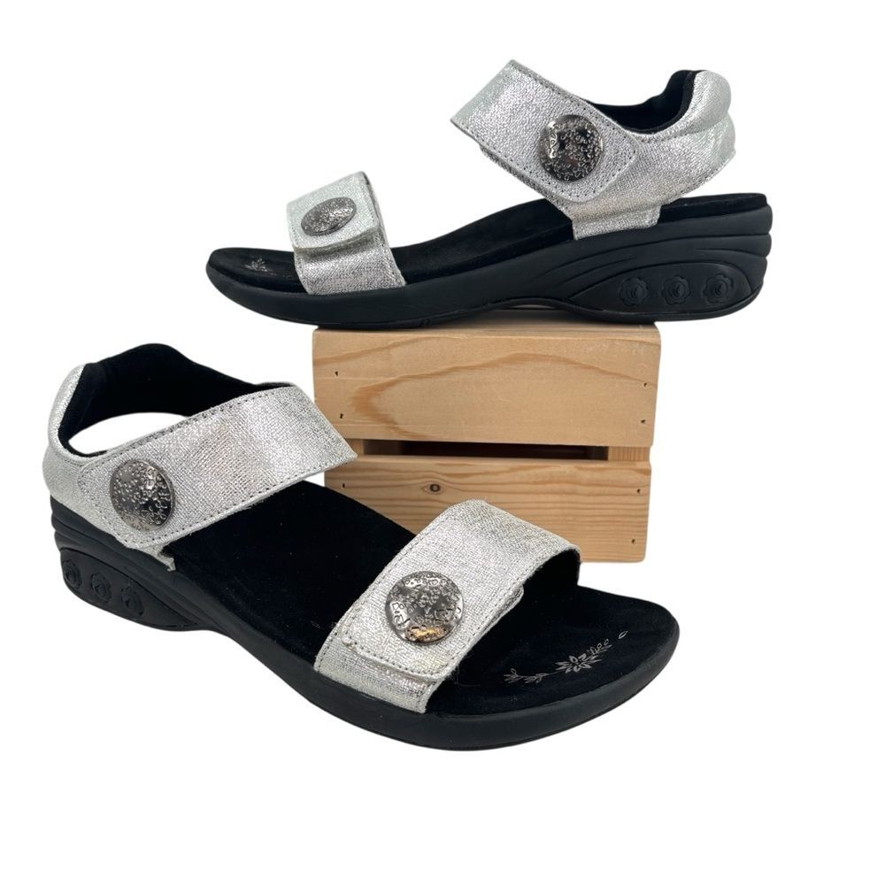 Therafit Melody Adjustable Leather Sandal Metallic Silver Sz. 8.5-9/39